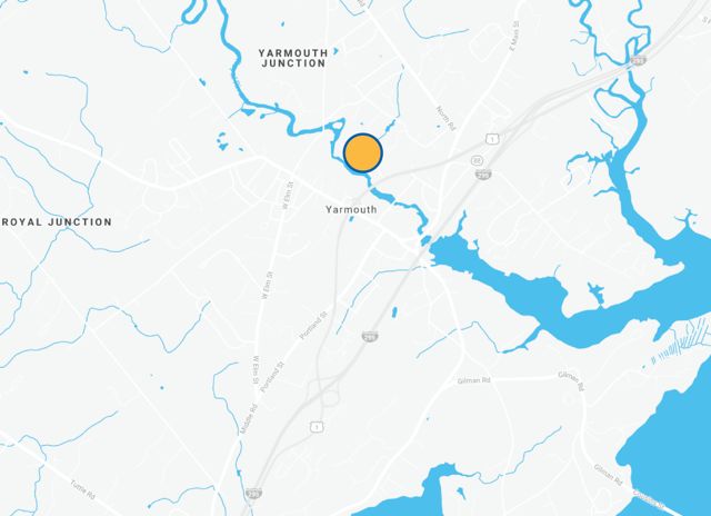 Map of Yarmouth Maine showing the approximate location of Cascon Pump